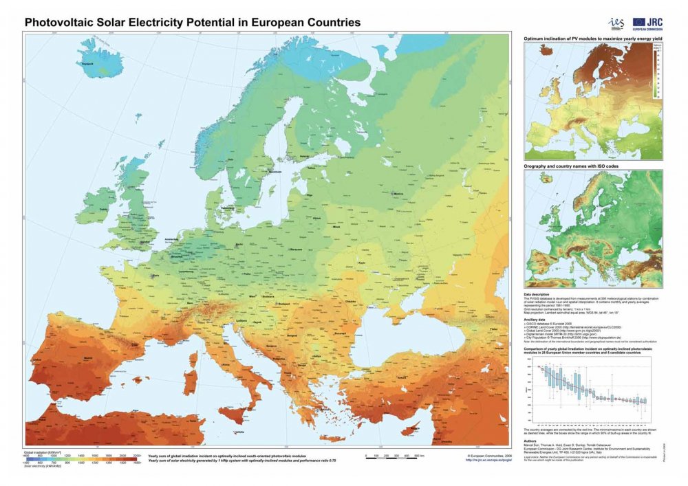 Úroveň slnečného žiarenia v Európe. 